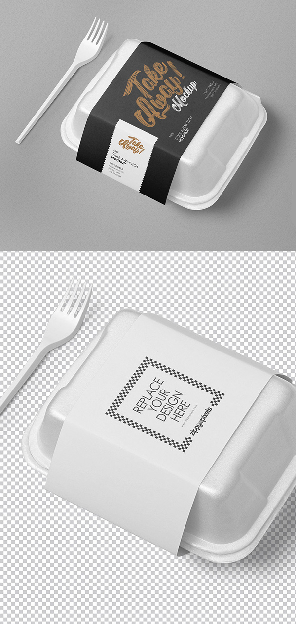 Two bags with different sizes and a rectangular box. Free Disposable Food Packaging Mockup Freebies Psd