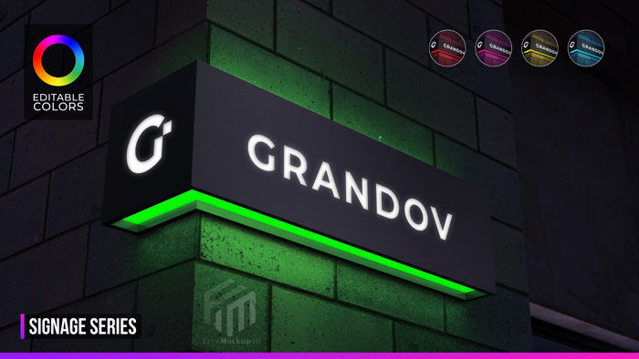 Add your own logo to the glass facade of a modern building! Signage Logo Mockup Corner Facade Storefront With Night Lighting