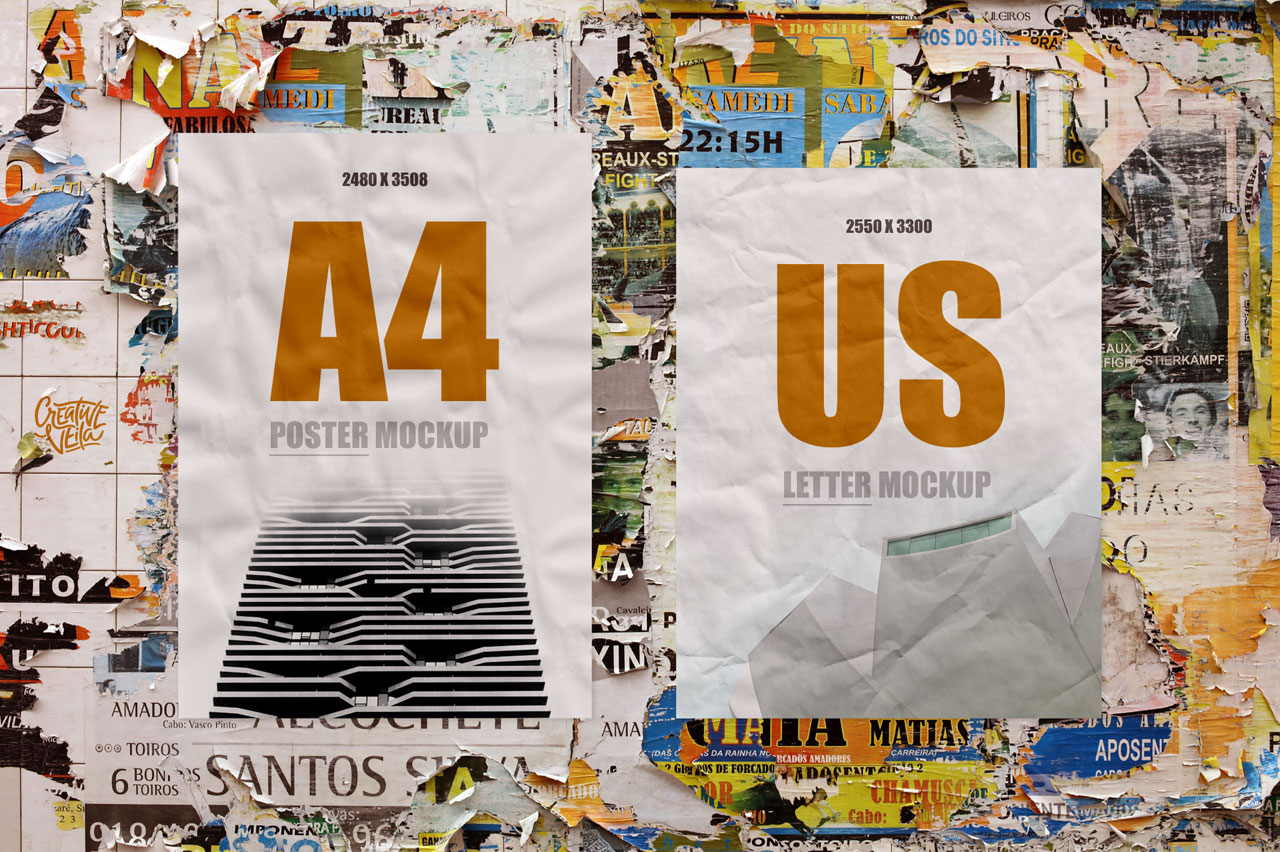 2 free urban poster mockups. Creative Veila Street Art Paper Poster Mockups