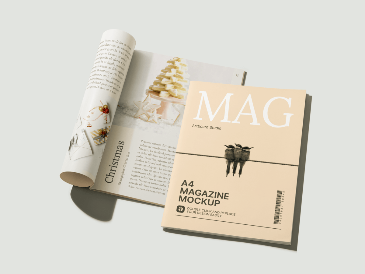 A beautiful scene with an ipad mini resting . Perspective A4 Magazines Mockup Scene